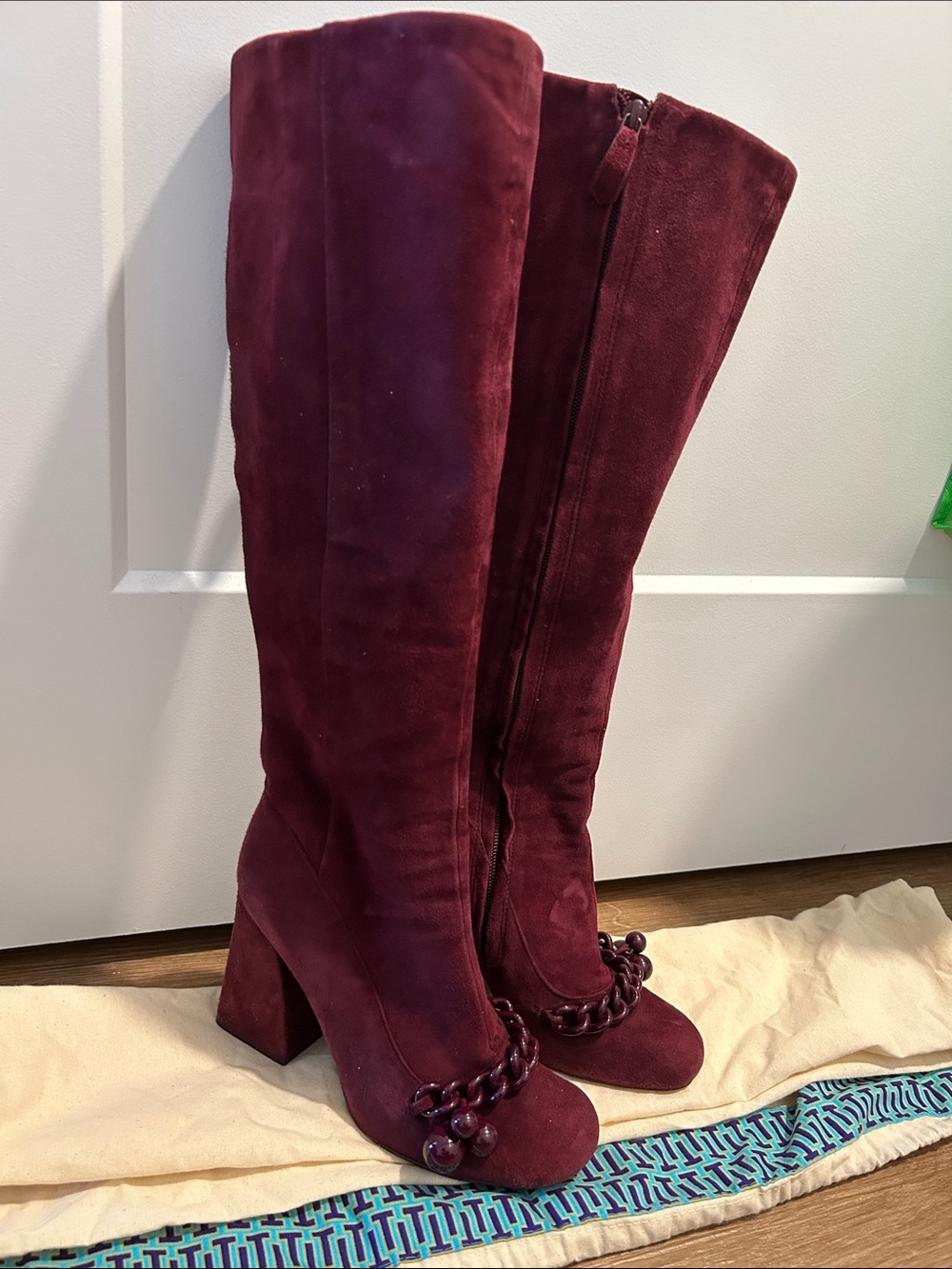 Tory Burch Addison Burgundy Over-the-Knee Suede Boots with Braided Toe Detail
